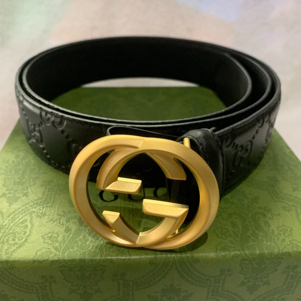 Gucci Black Leather Gold Hysteria Crest Buckle Belt Size 95/38